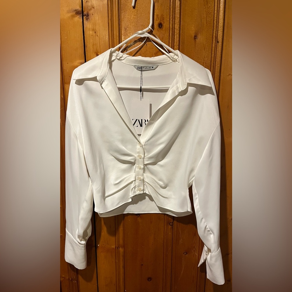Zara Cropped Satin Ruched Button-Up Blouse